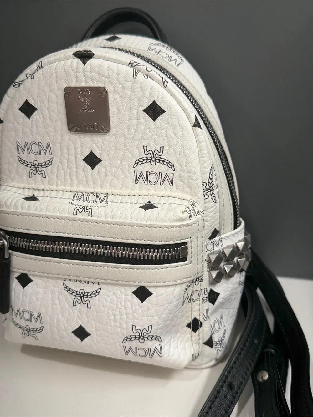 MCM White Mini Visetos Logo Backpack with Black and Silver Accents with COA